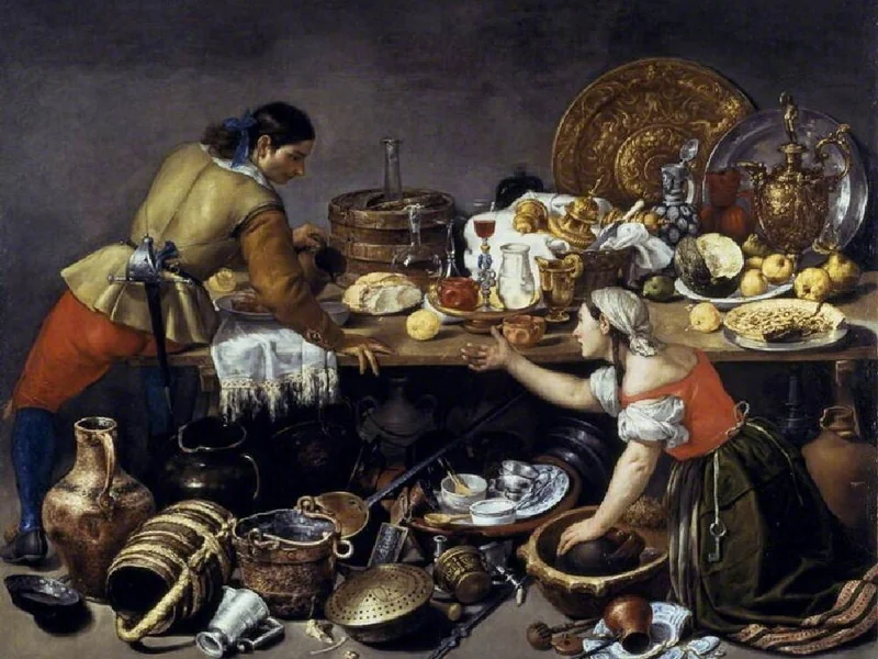 1611-Antonio de Pereda y Salgado - Due figure sedute a un tavolo con utensili da cucina